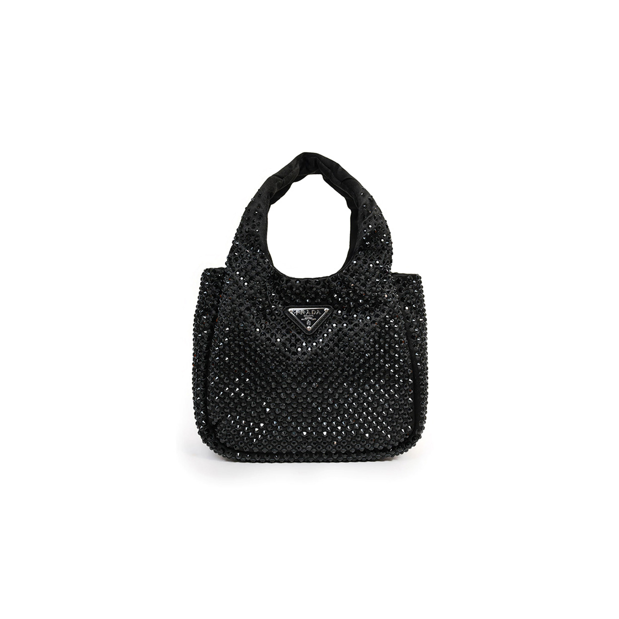 Pra*a black satin crystal top handle mini tote bag 1ba349 (18*16*10cm)